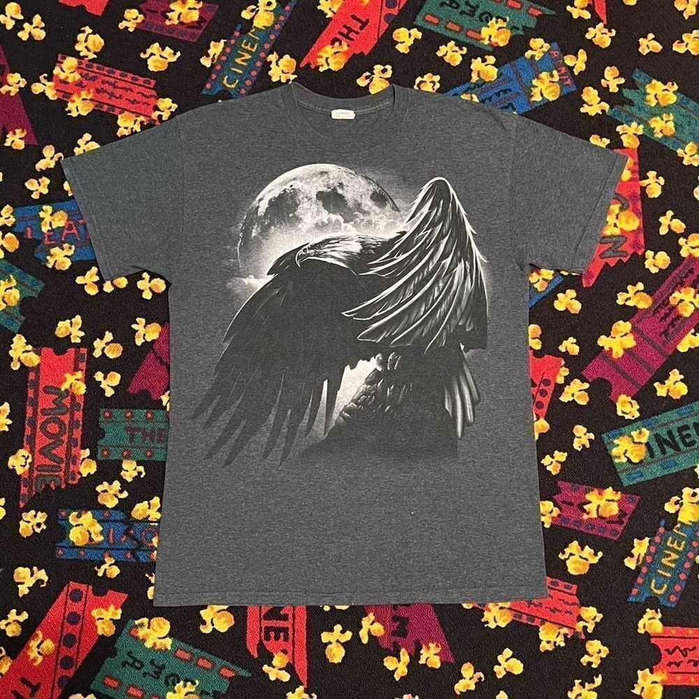 Full Moon Eagle Monochrome Dark Grey Graphic Tee Shirt / Size M